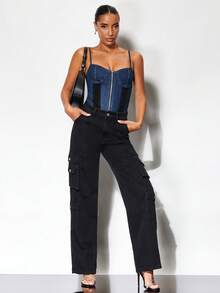 SHEIN BAE Dây kéo mặt trước Bustier Hai Dây Bộ đồ liền thân denim - Màu xanh lam - Xem 6