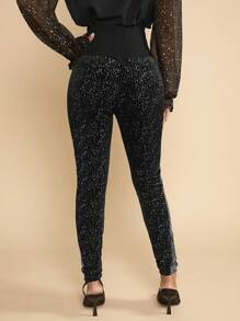 SHEIN Maternity Wide Waistband Contrast Sideseam Glitter Leggings - Black - View 2