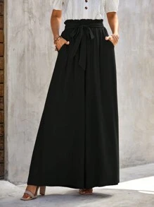 SHEIN LUNE 紙袋腰束帶闊腿褲 - 黑色 - 查看 3