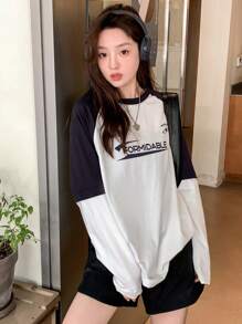 DAZY Áo thun tay dài họa tiết chữ Raglan tương phản dành cho nữ, Quần áo mùa thu cho nữ - Đen và trắng - Xem 9