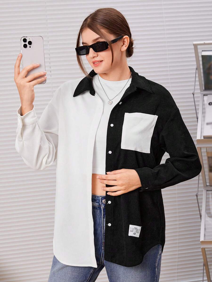 SHEIN Cămașă din velur cu umăr căzut, cu buzunare, pe două tonuri, pentru adolescentă