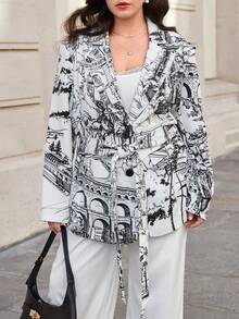 SHEIN Privé Plus Plants Print Belted Blazer - Multicolor - View 4