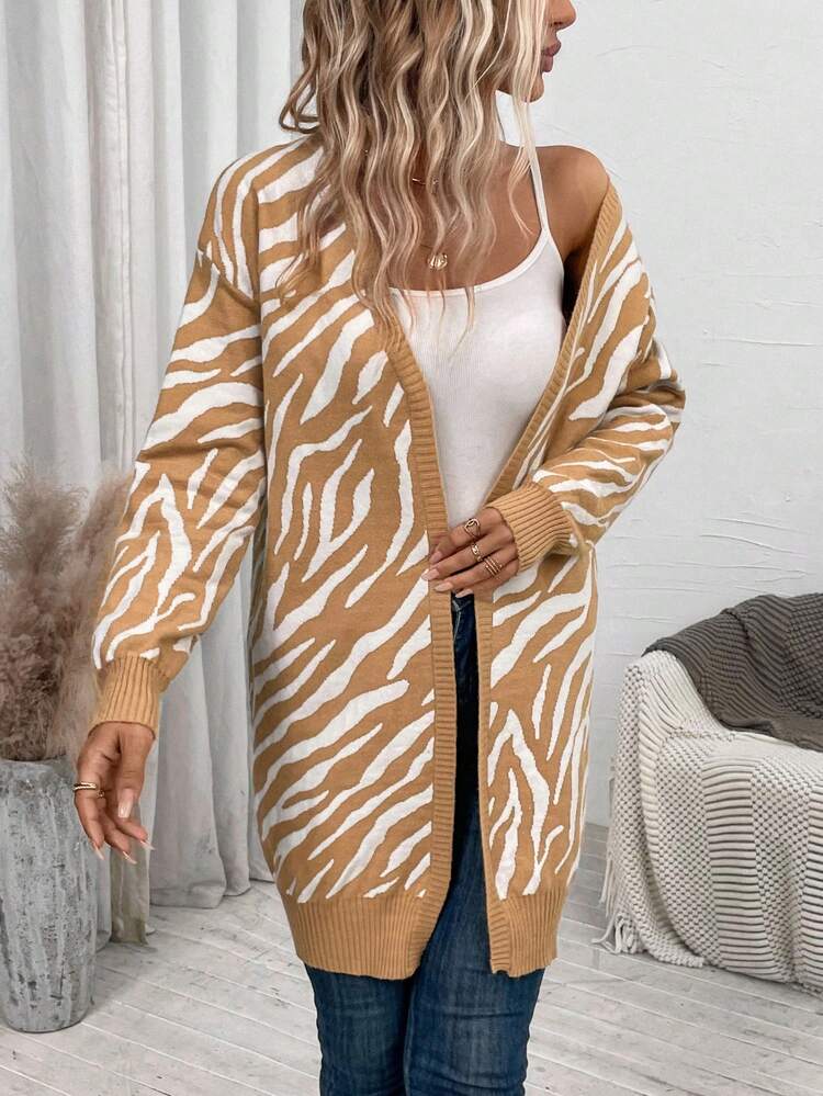 Zebra Striped Pattern Drop Shoulder Duster Cardigan