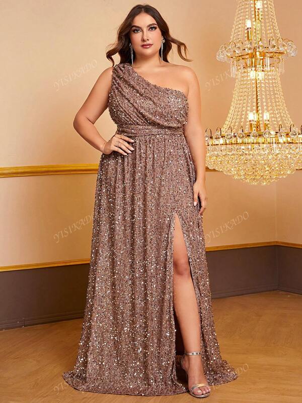 YISIKADO Plus Asymmetrical Neck Split Thigh Sequin Prom Dress Elegant Formal Evening Wedding Guest Gown, For Graduation, Dinner Party Dress