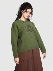 ROMWE Hippie 大碼星星&太陽圖案落肩袖套頭毛衣 - 軍綠色 - 查看 8