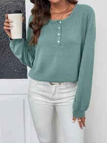 SHEIN LUNE Half Button Drop Shoulder Tee - Green - View 1
