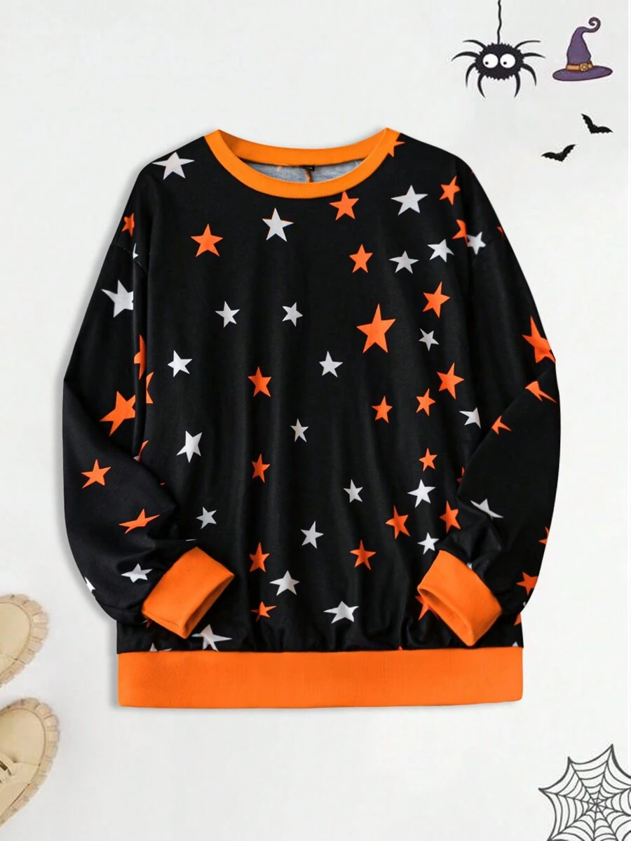SHEIN LUNE Plus Star Print Contrast Trim Sweatshirt Pullover Fall Sweatshirt - Multicolor - View 1