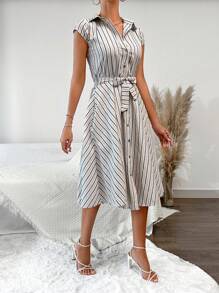 RueChic Váy sơ mi sọc in thắt lưng - Nhiều màu - Xem 5