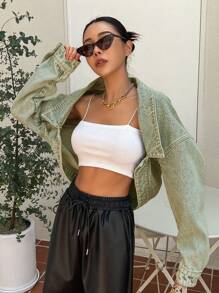 DAZY Drop Shoulder Asymmetrical Hem Denim Jacket,Fall Clothes - Army Green - View 4