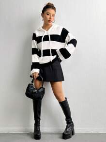 Flirla Áo len chui đầu tay raglan hai màu có dây rút, mũ trùm đầu, thích hợp cho mùa thu đông. - Đen và trắng - Xem 6