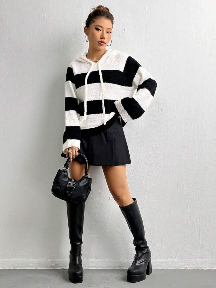 Two Tone Raglan Sleeve Drawstring Hooded Knit Pullover Fall Winter Sweater