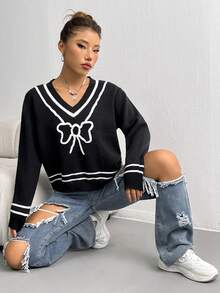 SHEIN Unity 蝴蝶結圖案落肩毛衣 - 黑色 - 查看 4