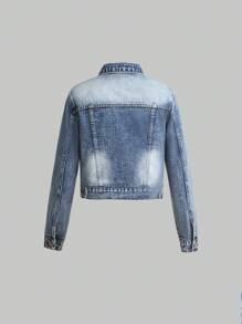 Teen Girl Bleach Wash Ripped Frayed Denim Jacket - Dark Wash - View 2