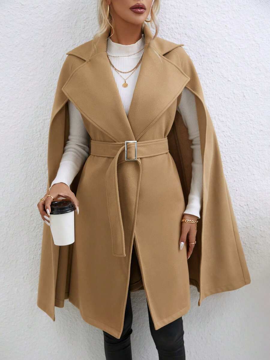 SHEIN Privé 斗篷袖腰帶斗篷大衣 - 卡其色 - 查看 1