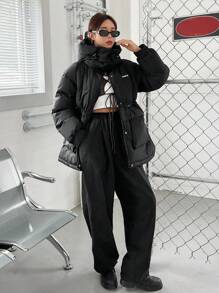DAZY Letter Graphic Drawstring Waist Hooded Puffer Thick Pockets Coat - Black - View 15