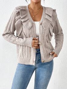 SHEIN Privé 荷葉邊麻花編織開襟衫 - 卡其色 - 查看 3