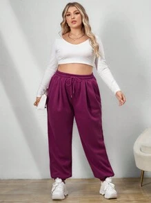 SHEIN EZwear Hơn Eo dây rút Túi nghiêng Quần thể thao - Màu Hồng Tươi - Xem 5