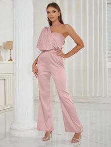 One Shoulder Ruched Satin Jumpsuit - Baby Pink - View 7