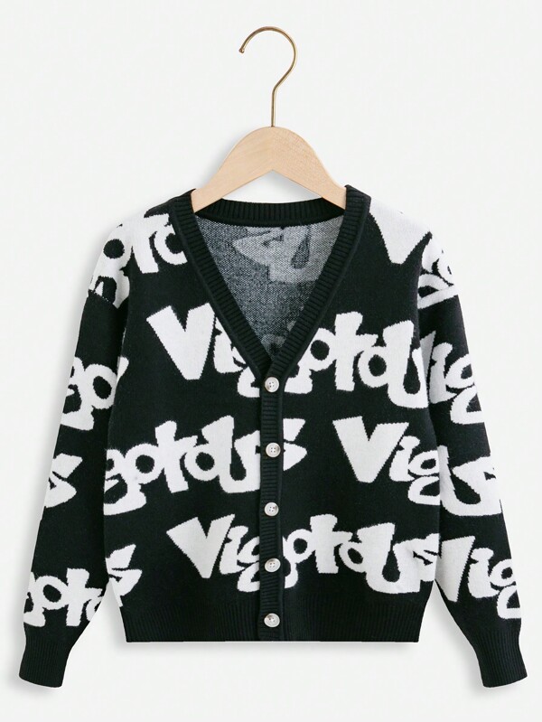 SHEIN Tween Boy Letter Pattern Button Front Cardigan