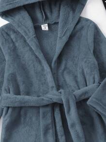 男小童3D耳朵設計連帽腰帶法蘭絨睡袍 - 藍色 - 查看 6