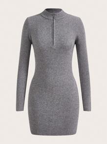 SHEIN BASICS Zipper Front Bodycon Sweater Dress - Light Grey - View 7