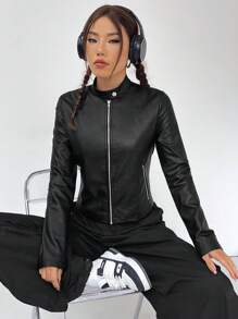 Muchica Slogan Graphic Zip Up PU Leather Jacket - Black - View 5