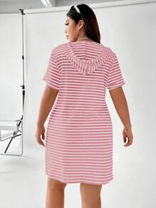 Flirla Plus Striped Drawstring Hooded Tee Dress, Summer - Pink - View 2