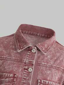Teen Girl Pocket Patched Drop Shoulder Denim Jacket - Red - View 5