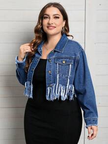 SHEIN LUNE Plus Fringe Trim Flap Pocket Denim Jacket - Medium Wash - View 4