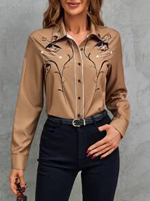 SHEIN Clasi Floral Print Contrast Piping Shirt - Khaki - View 4