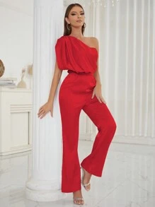 One Shoulder Ruched Flare Leg Jumpsuit - Red - View 1