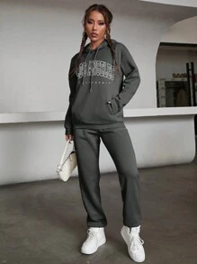 SHEIN EZwear Đồ họa Chữ cái Thả vai Dây rút Áo Hoodie & Quần thể thao - Màu xám đen - Xem 4