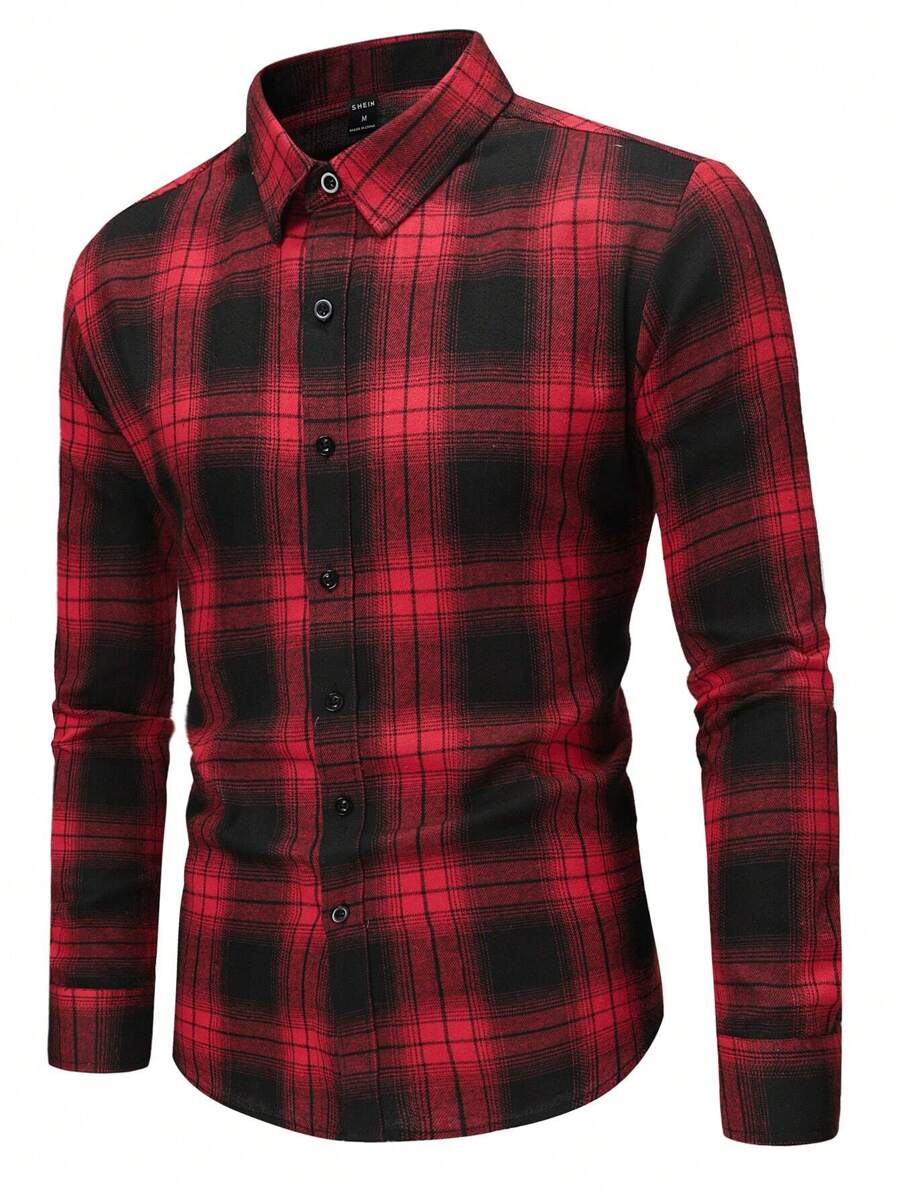 Manfinity Homme Men Plaid Print Button Up Urban Colorful Long Sleeve Shirt, For Husband - Red - View 1