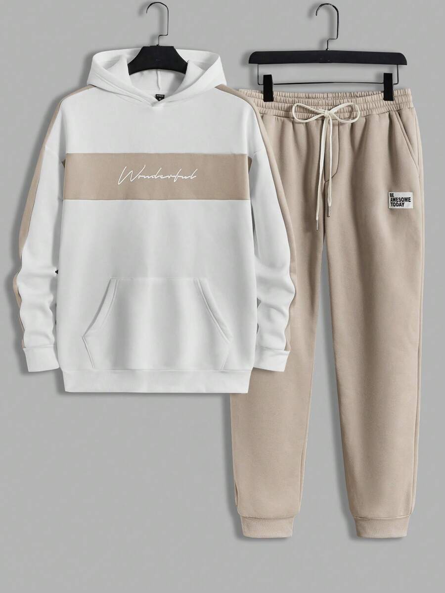 GENTILAND Men Letter Graphic Kangaroo Pocket Hoodie & Drawstring Waist Sweatpants - Multicolor - View 1