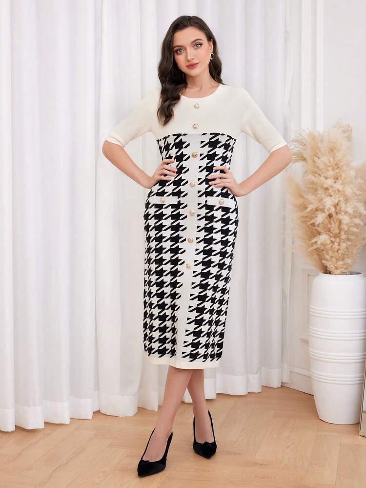Houndstooth Pattern Button Front Sweater Dress