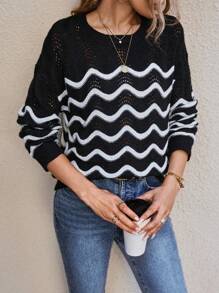 SHEIN LUNE 鋸齒圖案網眼針織落肩袖套頭毛衣 - 黑與白 - 查看 4