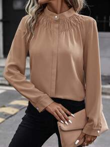 SHEIN Clasi Solid Button Front Shirt - Khaki - View 4