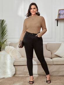 SHEIN Essnce Plus Mock Neck Ribbed Knit Tee - Camel - View 5