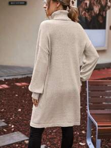 EMERY ROSE Turtleneck Drop Shoulder Split Thigh Longline Sweater,Long Sleeve Tops Knit Pullover Fall Winter Outfit - Apricot - View 2