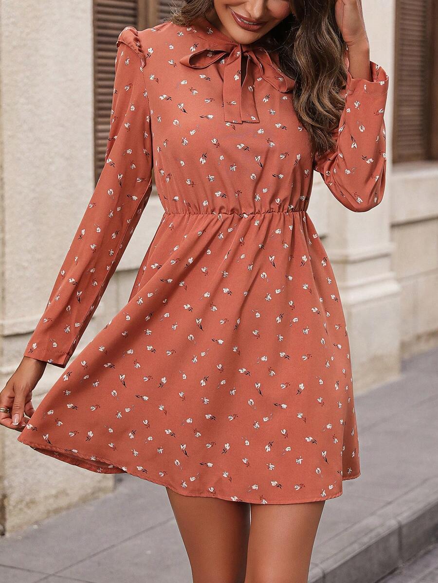 SHEIN LUNE Vestido con estampado floral y lazo en el cuello - Rosa vieja - Ver 1