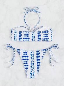 Tie Dye Halter Tie Side Bikini Set - Multicolor - View 2