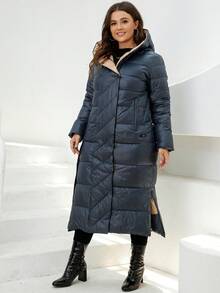 HaiLuoZi Plus Zip Pocket Hooded Padded Coat - Navy Blue - View 3