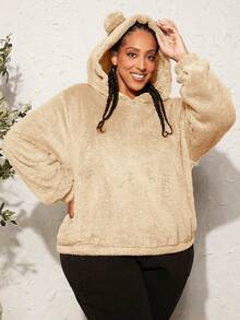 SHEIN CURVE+ Plus 3D Ear Design Drop Shoulder Teddy Hoodie - Apricot - View 6