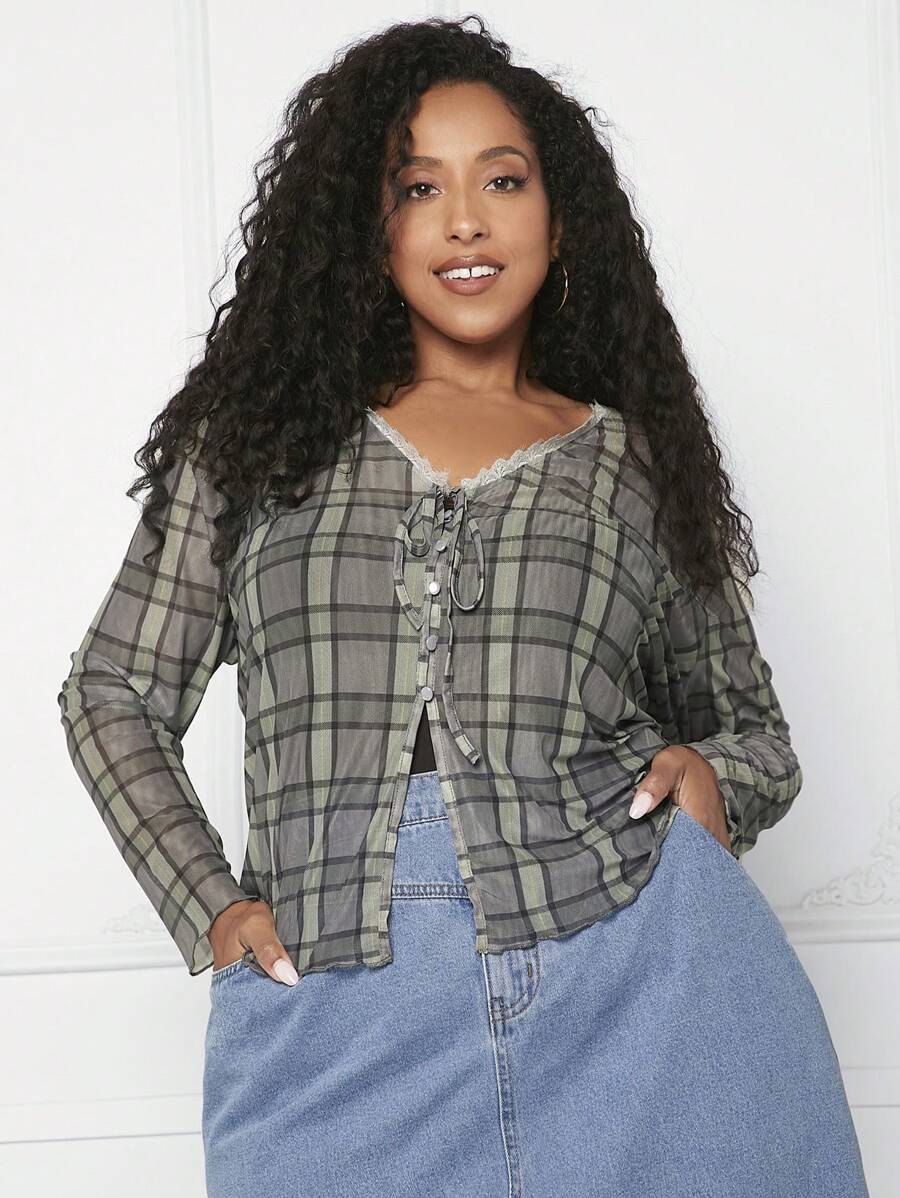 SHEIN CURVE+ Plus Plaid Print Lace Trim Top - Multicolor - View 1