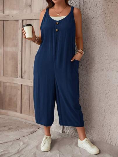 SHEIN LUNE Plus Button Front Wide Leg Jumpsuit Without Tube Top