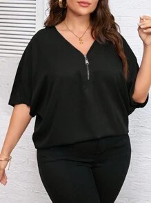 SHEIN LUNE 加半拉鍊蝙蝠翼袖襯衫 - 黑色 - 查看 5
