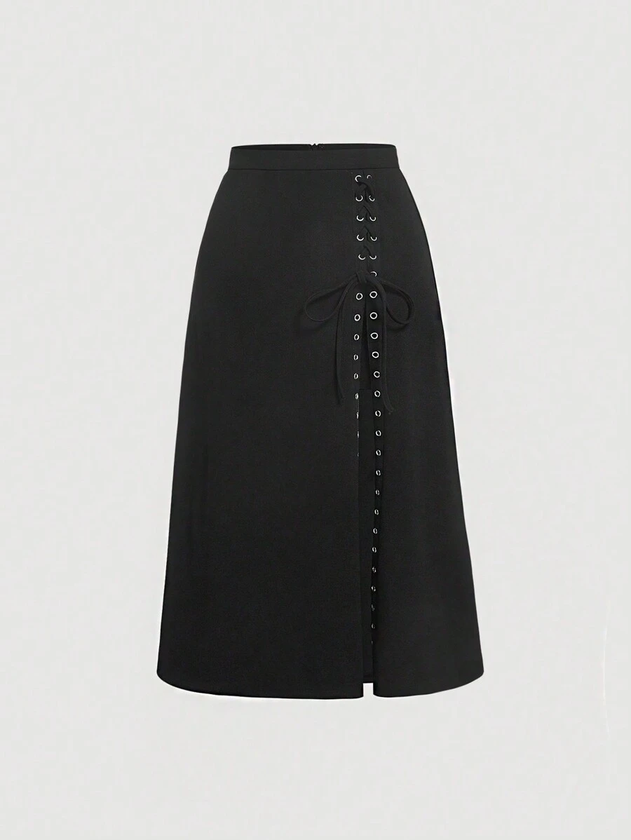 SHEIN MOD Falda con abertura en el muslo con cordones en la parte delantera - Negro - Ver 1