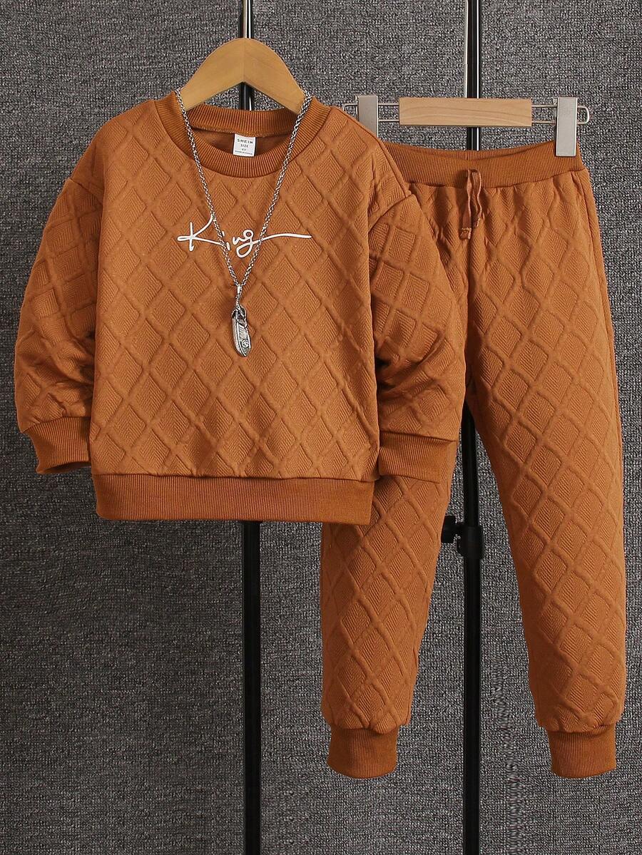 SHEIN Young Boy Letter Graphic Sweatshirt & Sweatpants - Coffee Brown - View 1