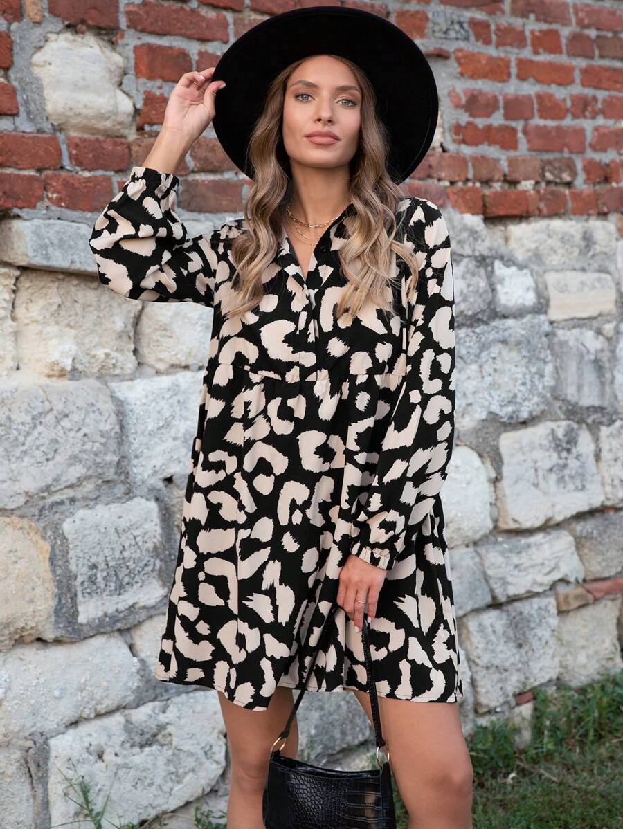 SHEIN Clasi 豹紋印花荷葉邊娃娃裙 - 杏色 - 查看 1