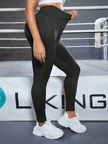 SHEIN Sports Plus Size Graphic Print Wideband Waist Sports Leggings Yoga Women Pants - Black - View 3